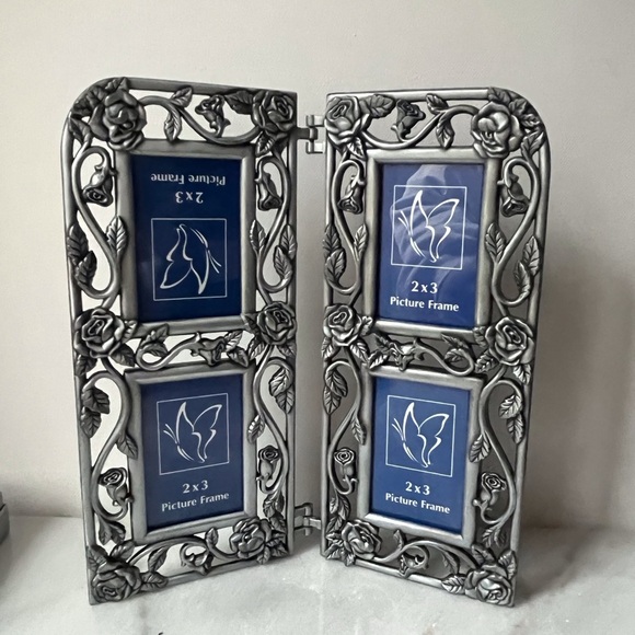 Pewter Rose Motif 4 Picture Frame Vintage Tin Type Photos Best Family Frame - Picture 2 of 9